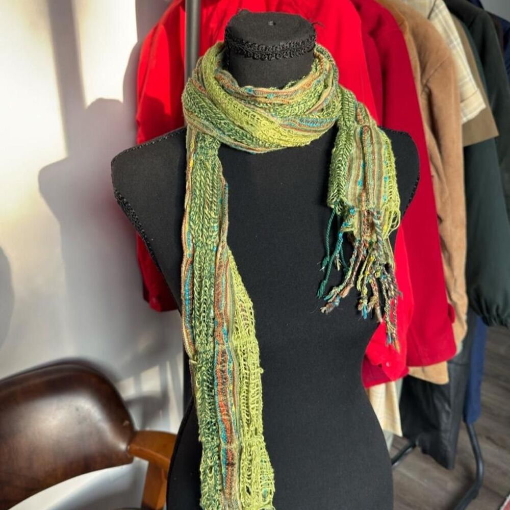 Y2K Green multi-colored scarf with fringe